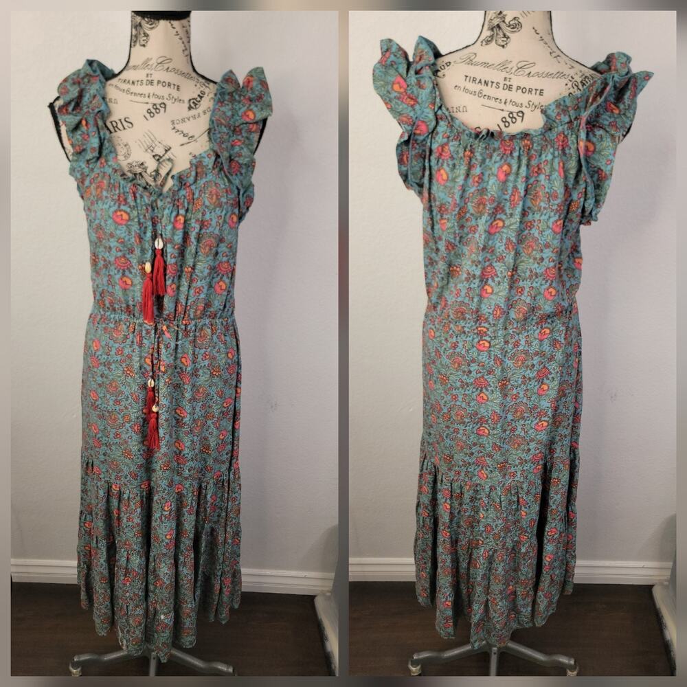 Natural Life Dress Sz S Floral Ruffled Long Midi Tie Waist Boho Cottage Prairie